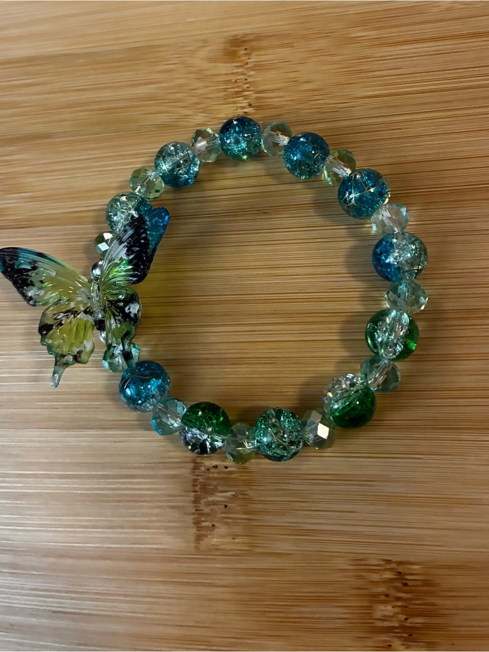 Green Butterfly Beaded Stretch Bracelet